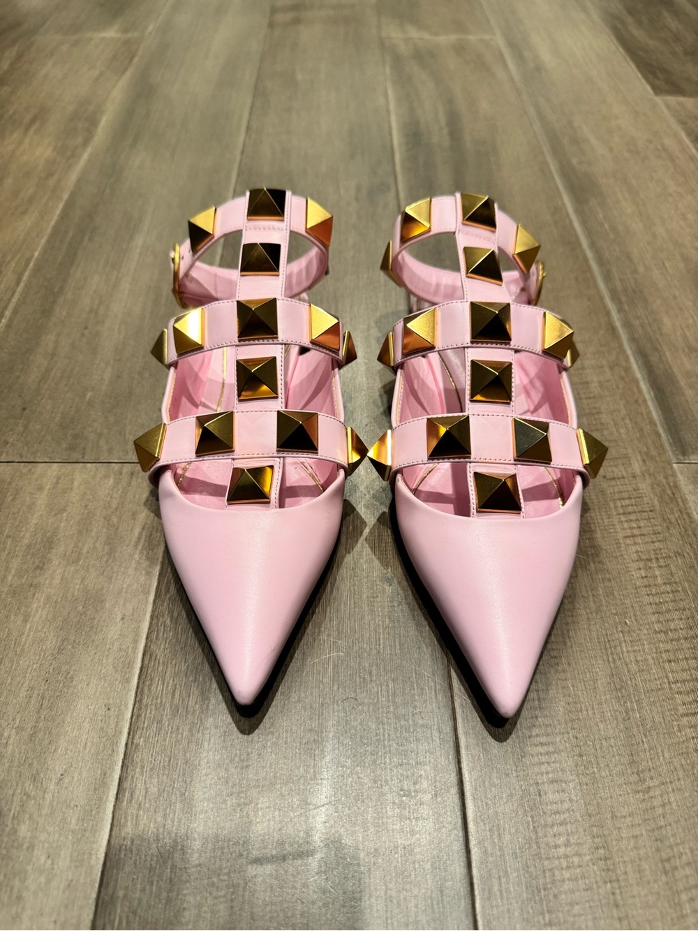 Valentino Garavani Pink Pointed-Toe Flats with Gold Pyramid Studs
